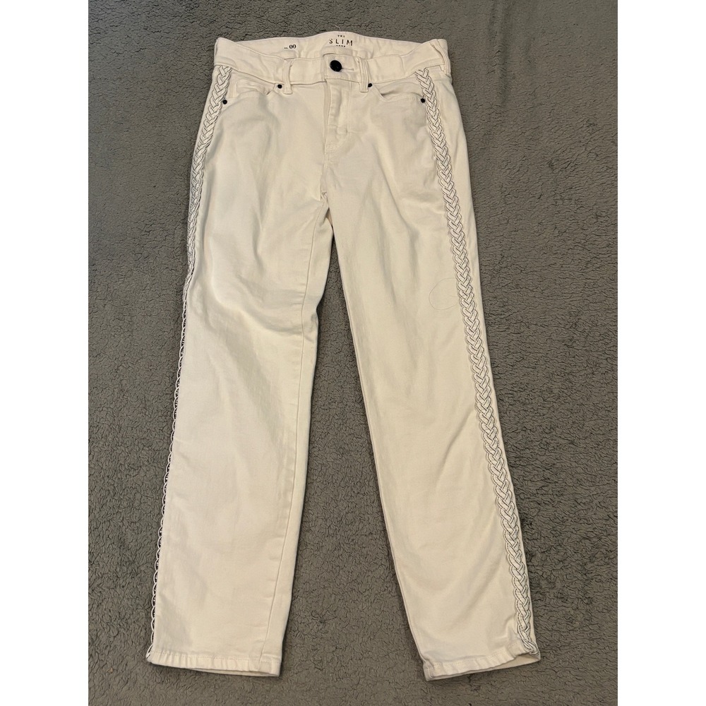 The Slim Crop White Jeans Braided Side Trim Mid Rise Size 00 Slim Fit Pants